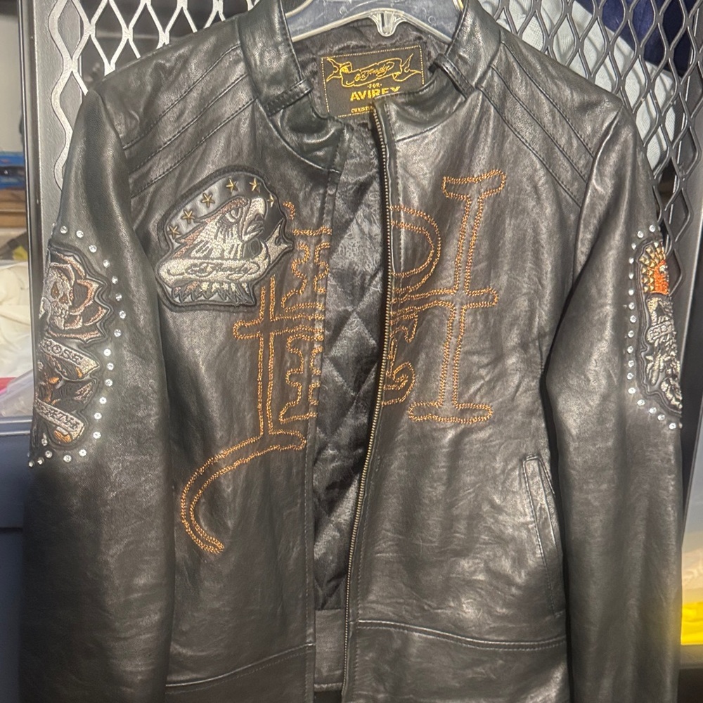 Ed Hardy Black Leather Jacket with Gold Embroidery